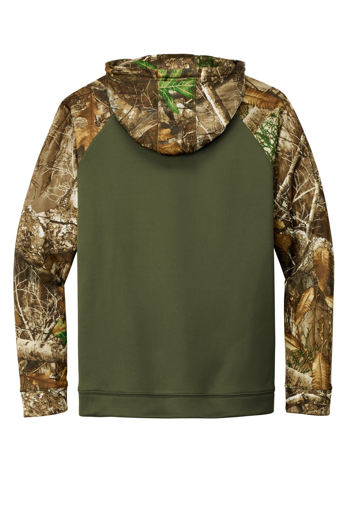 Russell Outdoors Realtree Performance Colorblock Pullover Hoodie - Olive Drab Green/ Realtree Edge - flat back