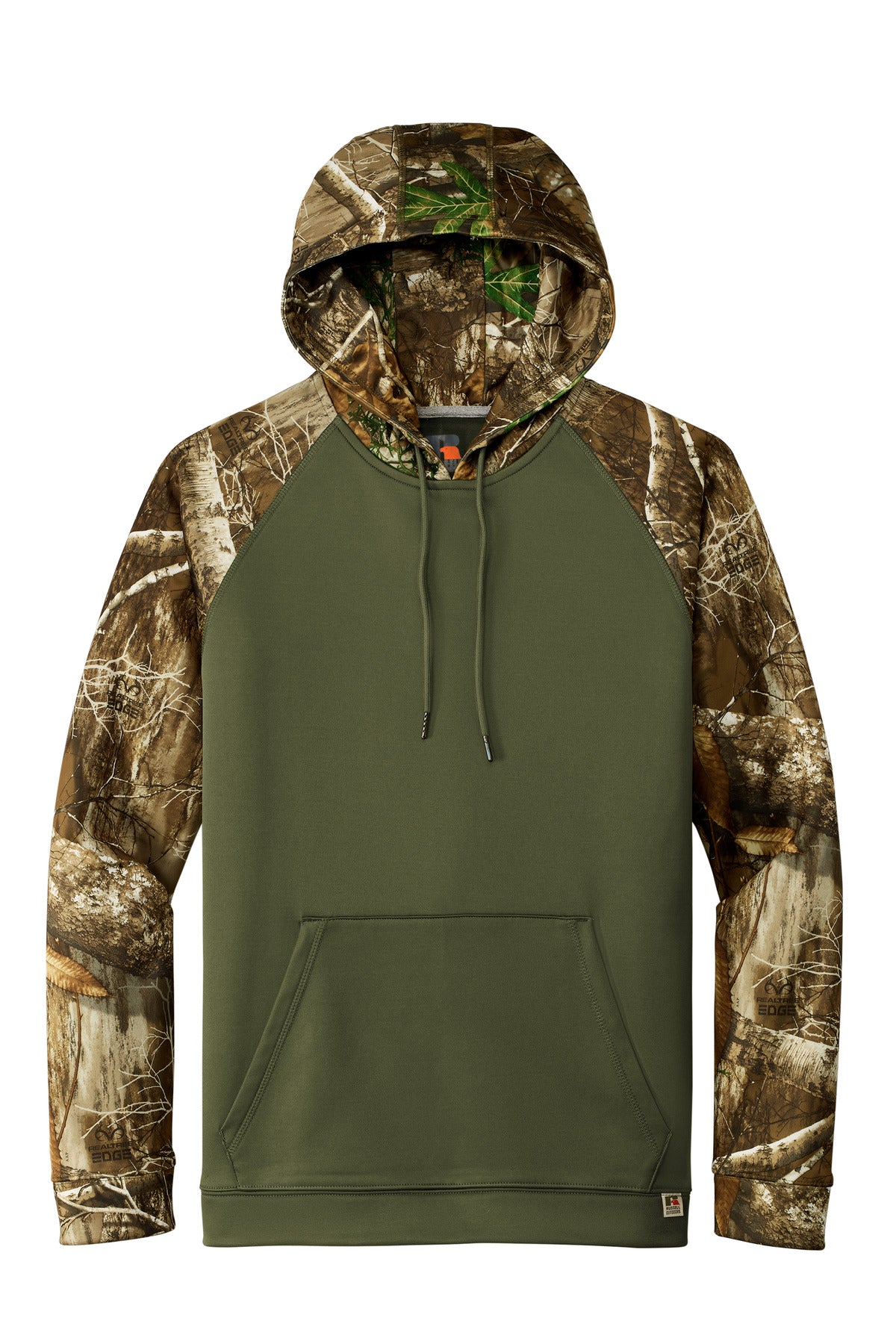Russell Outdoors Realtree Performance Colorblock Pullover Hoodie - Olive Drab Green/ Realtree Edge - flat front