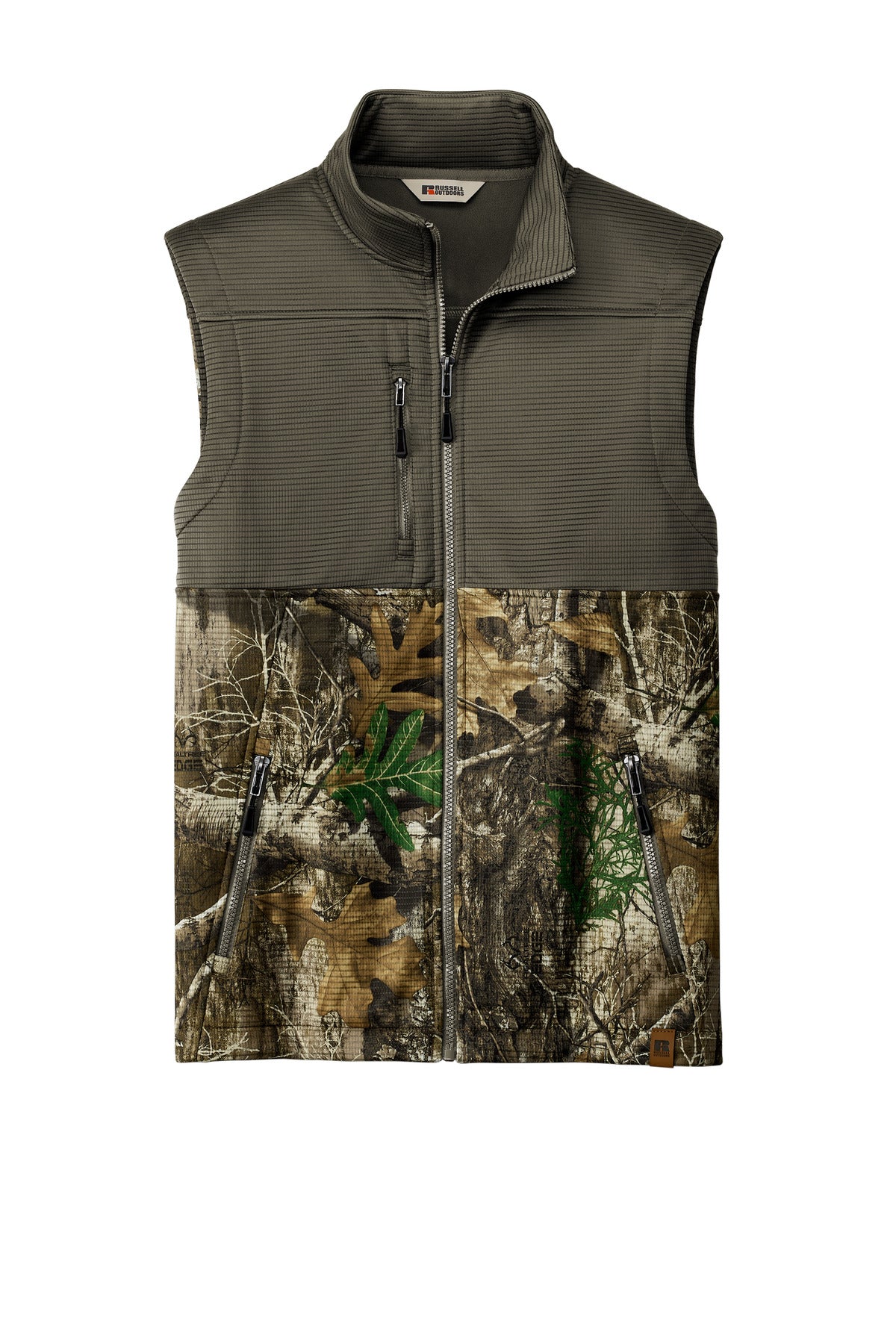 Russell Outdoors Realtree Atlas Colorblock Soft Shell Vest - Cargo Brown/ Realtree Edge - flat front