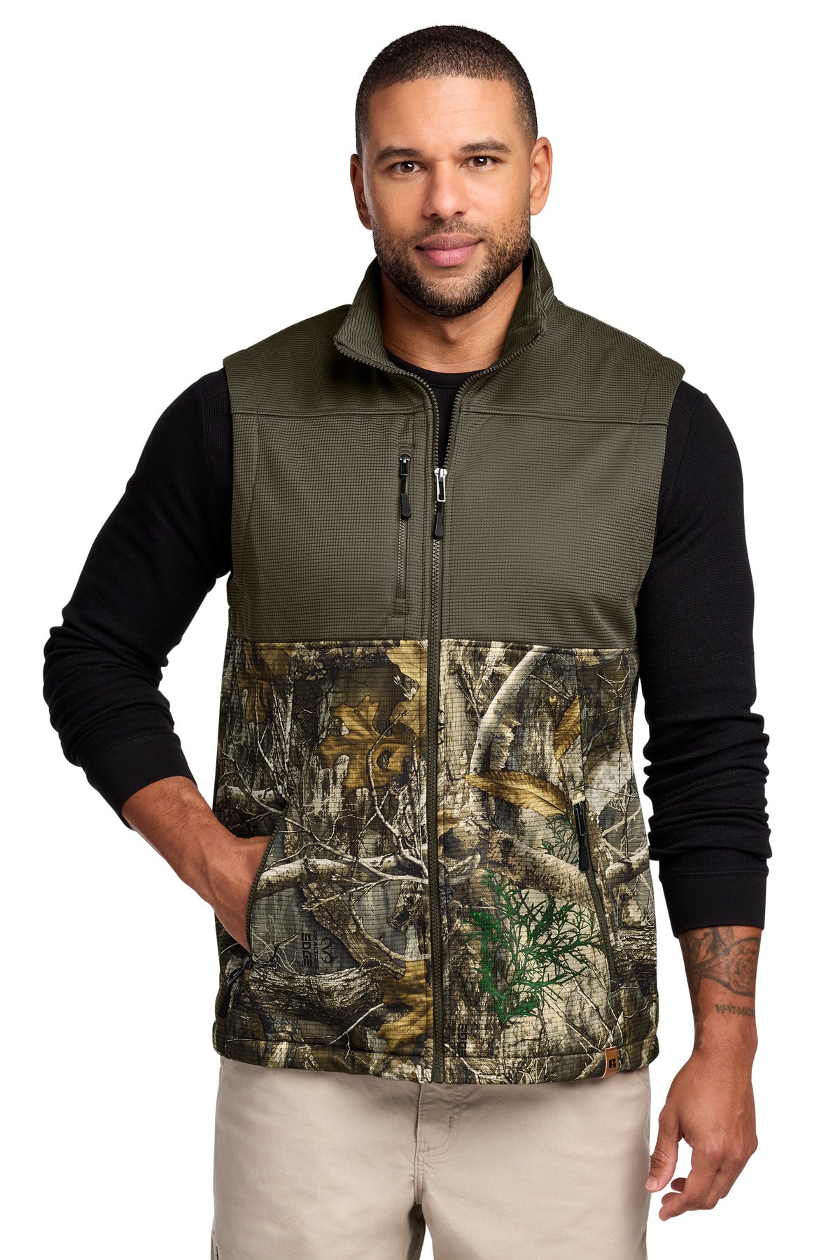 Russell Outdoors Realtree Atlas Colorblock Soft Shell Vest - Cargo Brown/ Realtree Edge - front