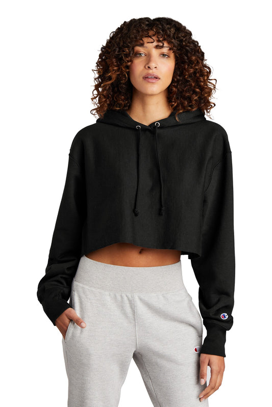 Champion Women's Reverse Weave Cropped Cut-Off Hooded Sweatshirt - Black - front