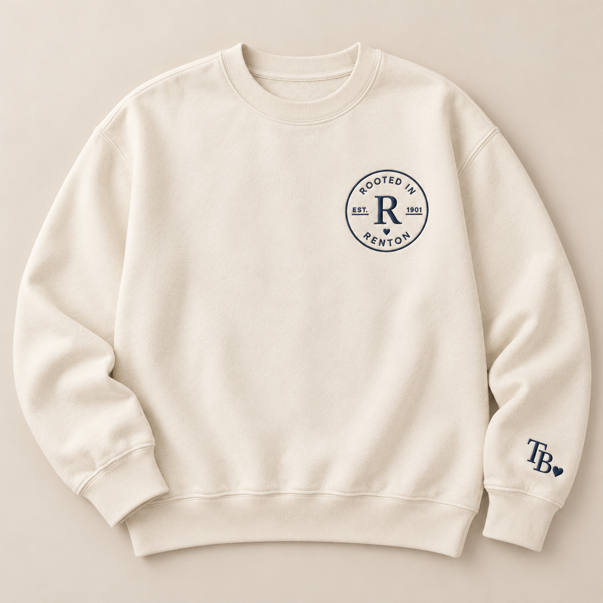 Rooted in Renton heavyweight embroidered crewneck in Dust, front
