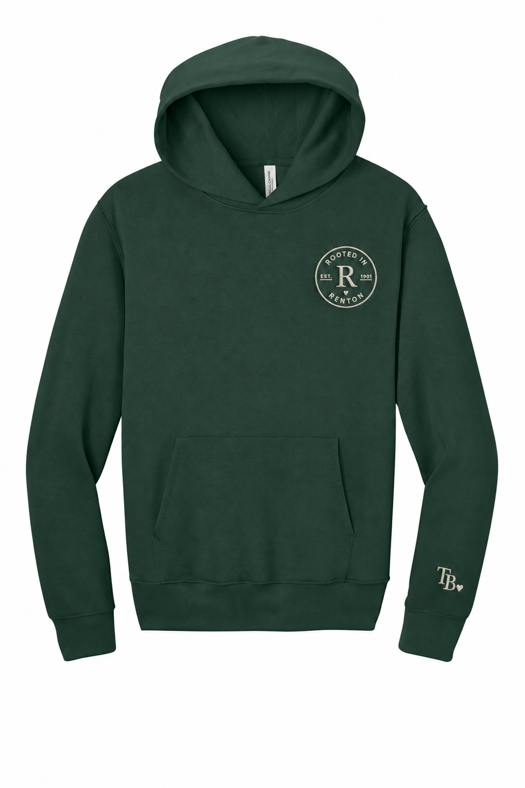 Rooted in Renton heavyweight embroidered hoodie in Forest, front
