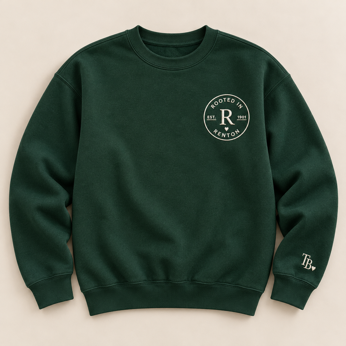 Rooted in Renton heavyweight embroidered crewneck in Forest, front