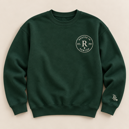 Rooted in Renton heavyweight embroidered crewneck in Forest, front