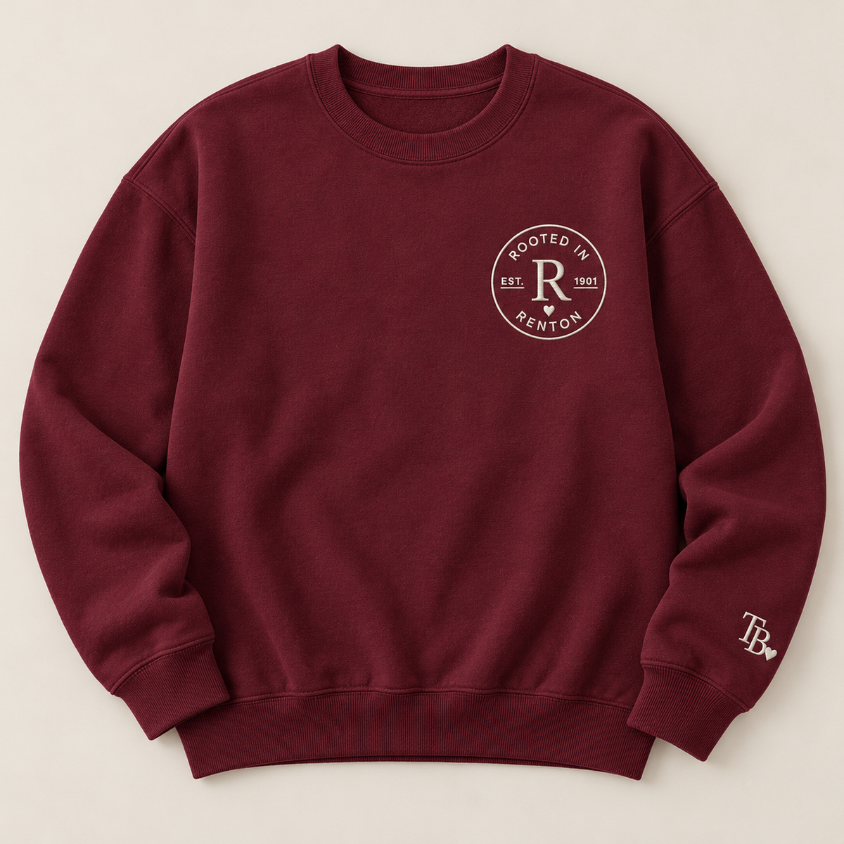 Rooted in Renton heavyweight embroidered crewneck in Maroon, front