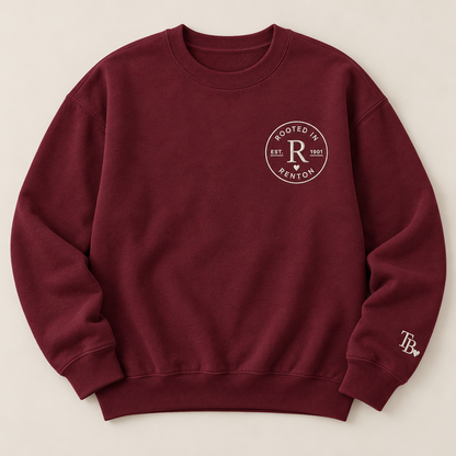 Rooted in Renton heavyweight embroidered crewneck in Maroon, front