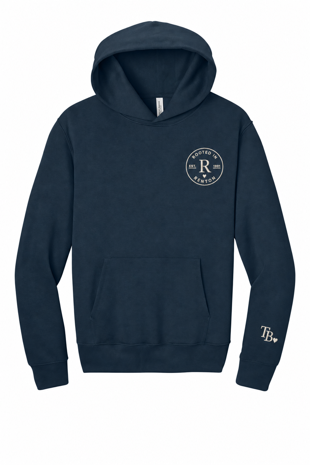 Rooted in Renton heavyweight embroidered hoodie in Navy, front