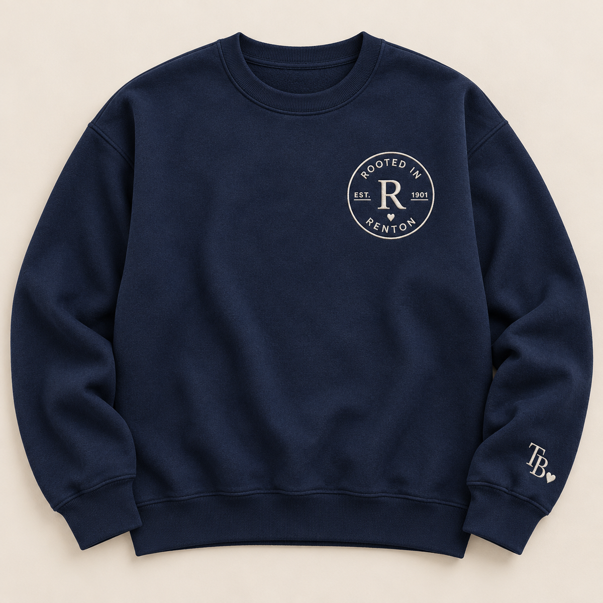 Rooted in Renton heavyweight embroidered crewneck in Navy, front