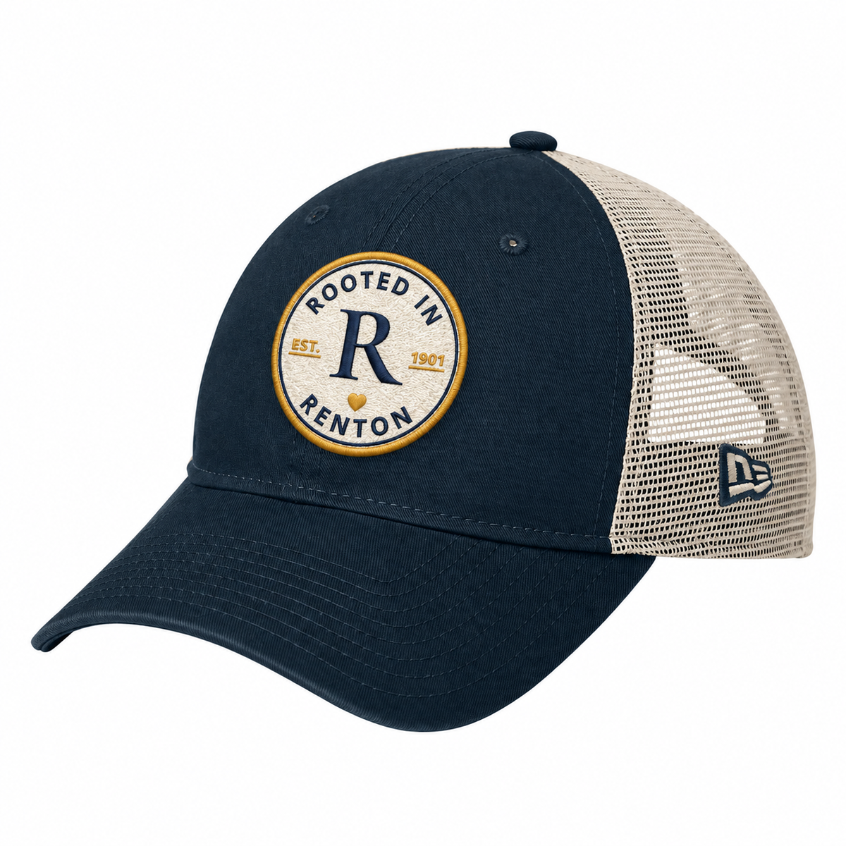 Rooted in Renton patch hat, angled