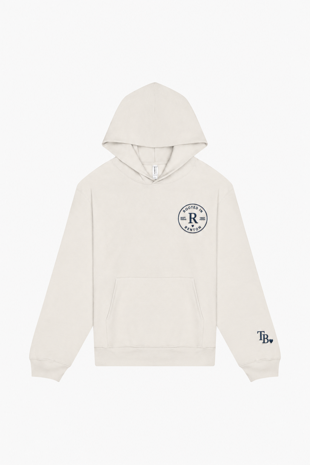 Rooted in Renton heavyweight embroidered hoodie in Vintage White, front
