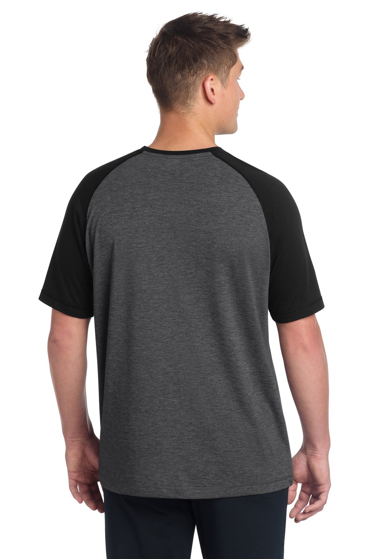 Sport-Tek PosiCharge Tri-Blend Wicking Raglan Tee - Black Triad Solid/ Dark Grey Heather - back