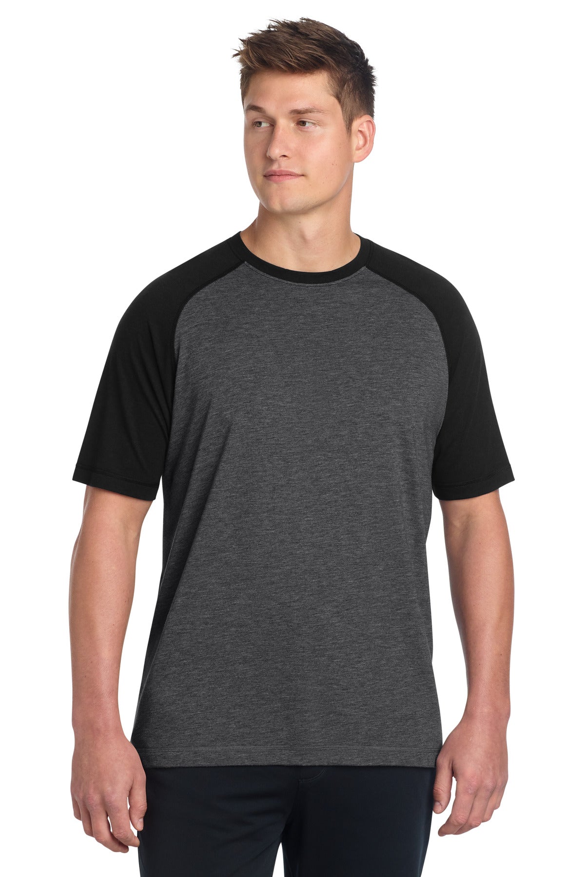 Sport-Tek PosiCharge Tri-Blend Wicking Raglan Tee - Black Triad Solid/ Dark Grey Heather - front