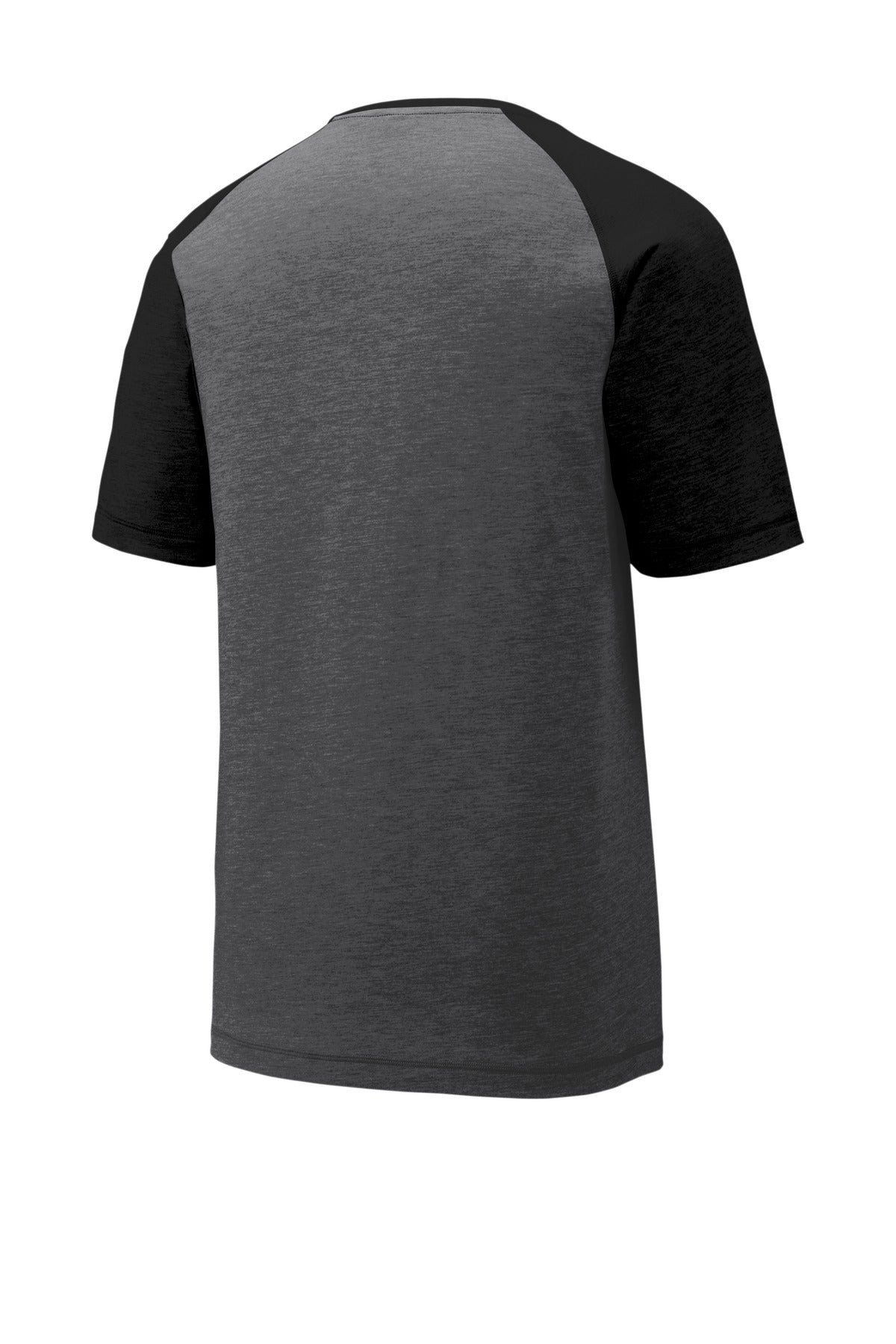 Sport-Tek PosiCharge Tri-Blend Wicking Raglan Tee - Black Triad Solid/ Dark Grey Heather - flat back