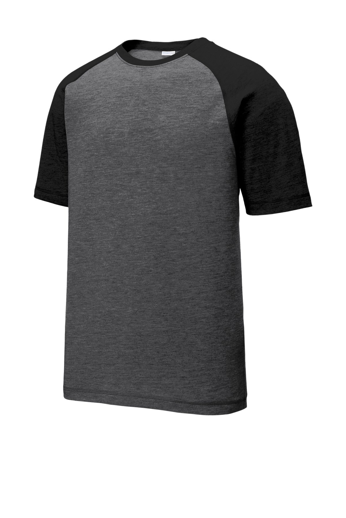 Sport-Tek PosiCharge Tri-Blend Wicking Raglan Tee - Black Triad Solid/ Dark Grey Heather - flat front