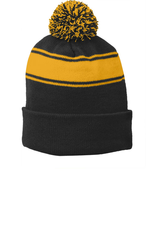 Sport-Tek Stripe Pom Pom Beanie - Black/ Gold - front