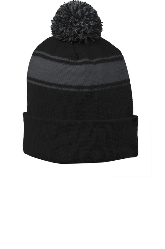 Sport-Tek Stripe Pom Pom Beanie - Black/ Iron Grey - front