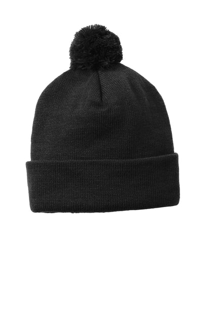 Sport-Tek Solid Pom Pom Beanie - Black - front