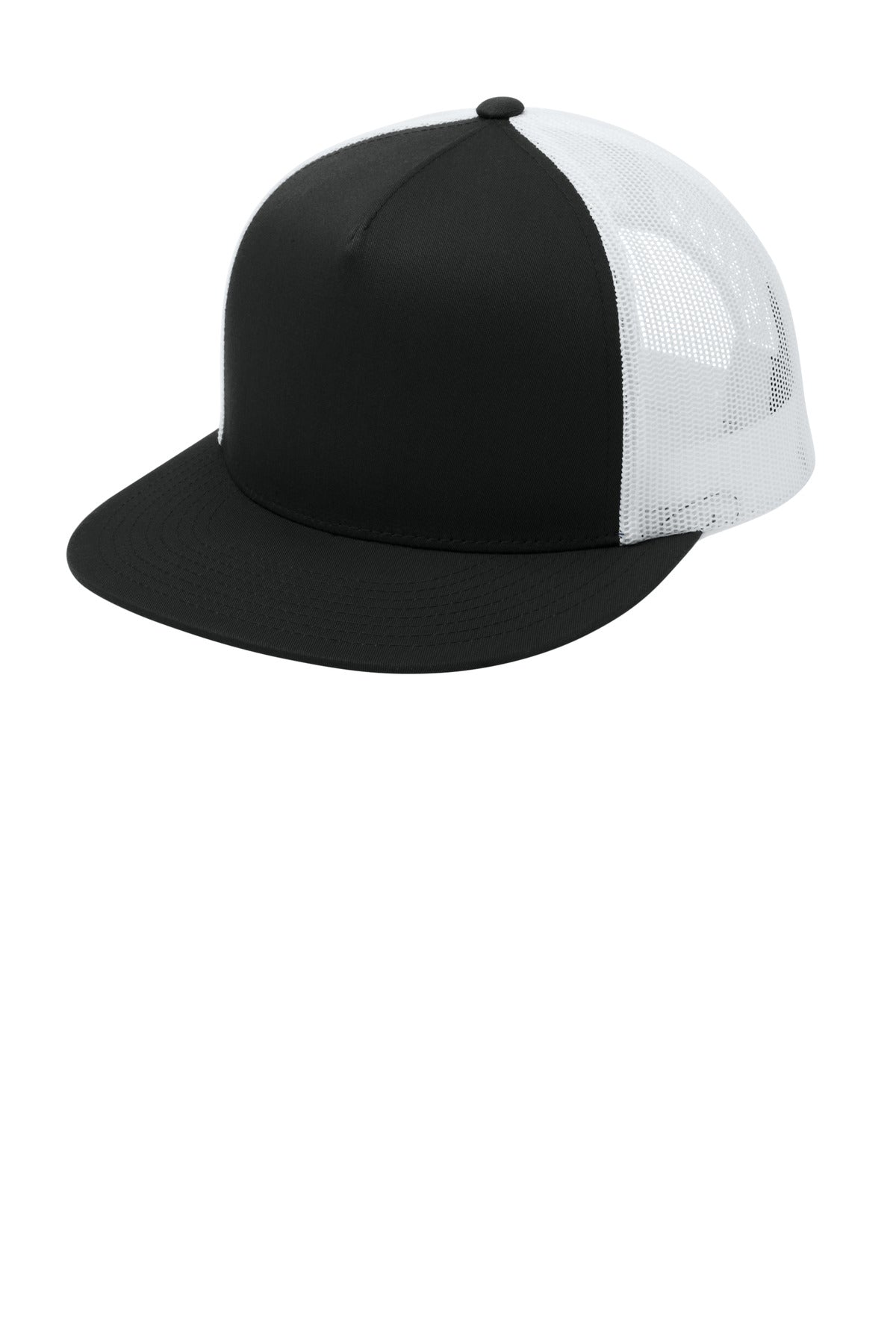 Sport-Tek YP Classics 5-Panel Classic Trucker Mesh Back Cap - Black/ White - front