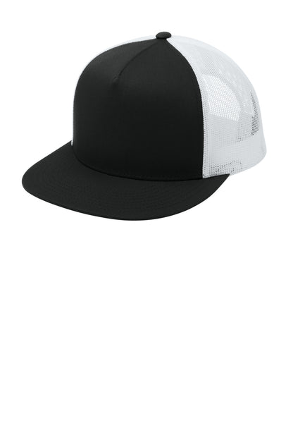 Sport-Tek YP Classics 5-Panel Classic Trucker Mesh Back Cap - Black/ White - front