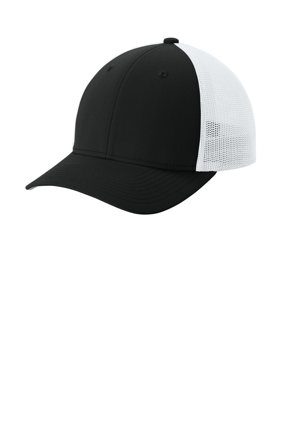 Sport-Tek Stretch-Tek Mesh Back Cap - Black/ White - front