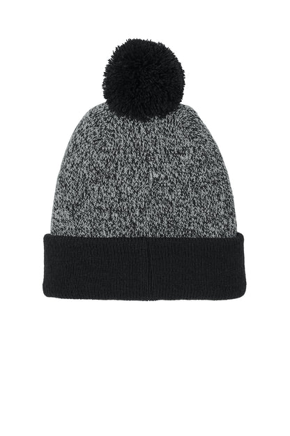 Sport-Tek Halftime Heather Pom Beanie - Black/ Silver - flat back