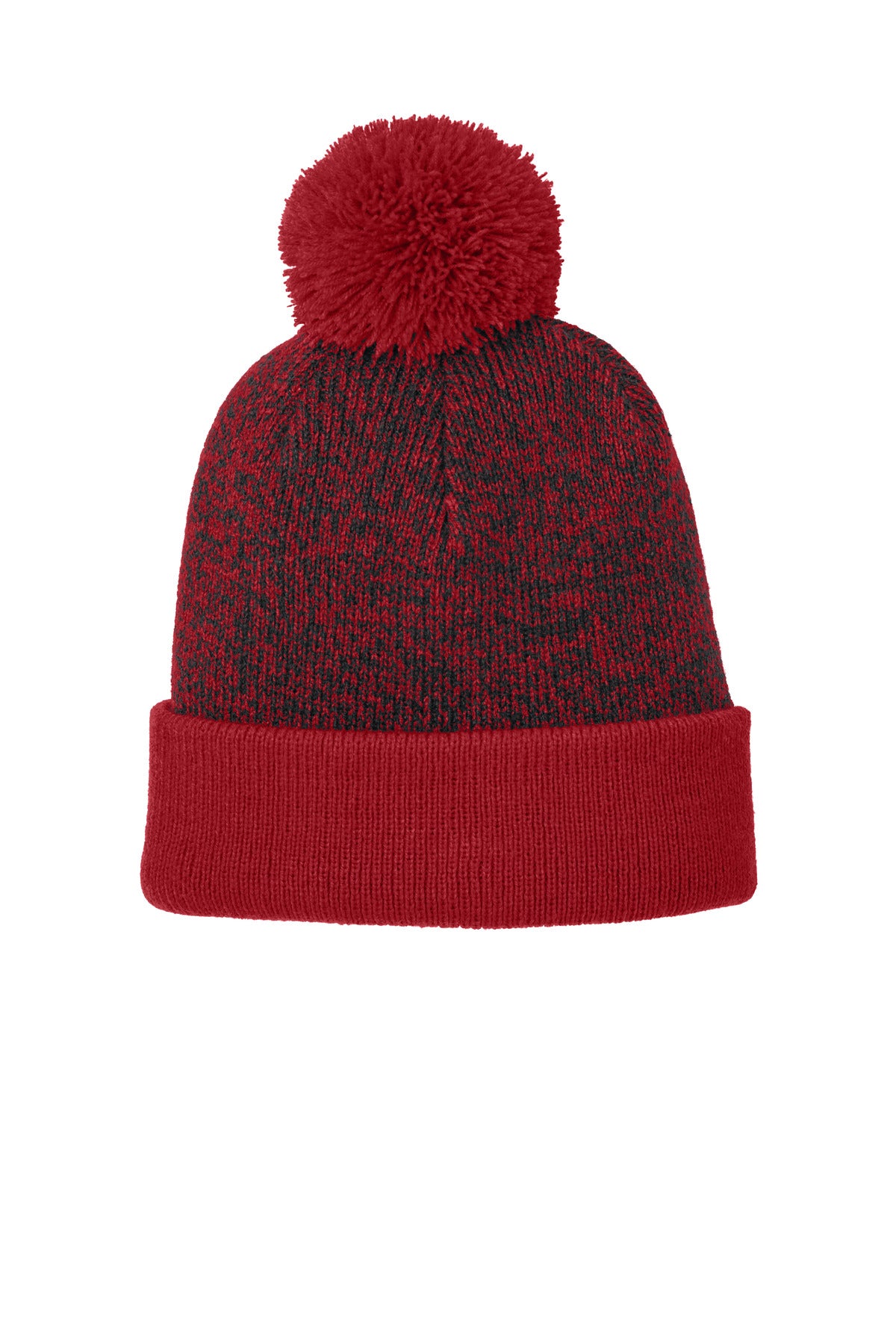 Sport-Tek Halftime Heather Pom Beanie - Deep Red/ Black - front