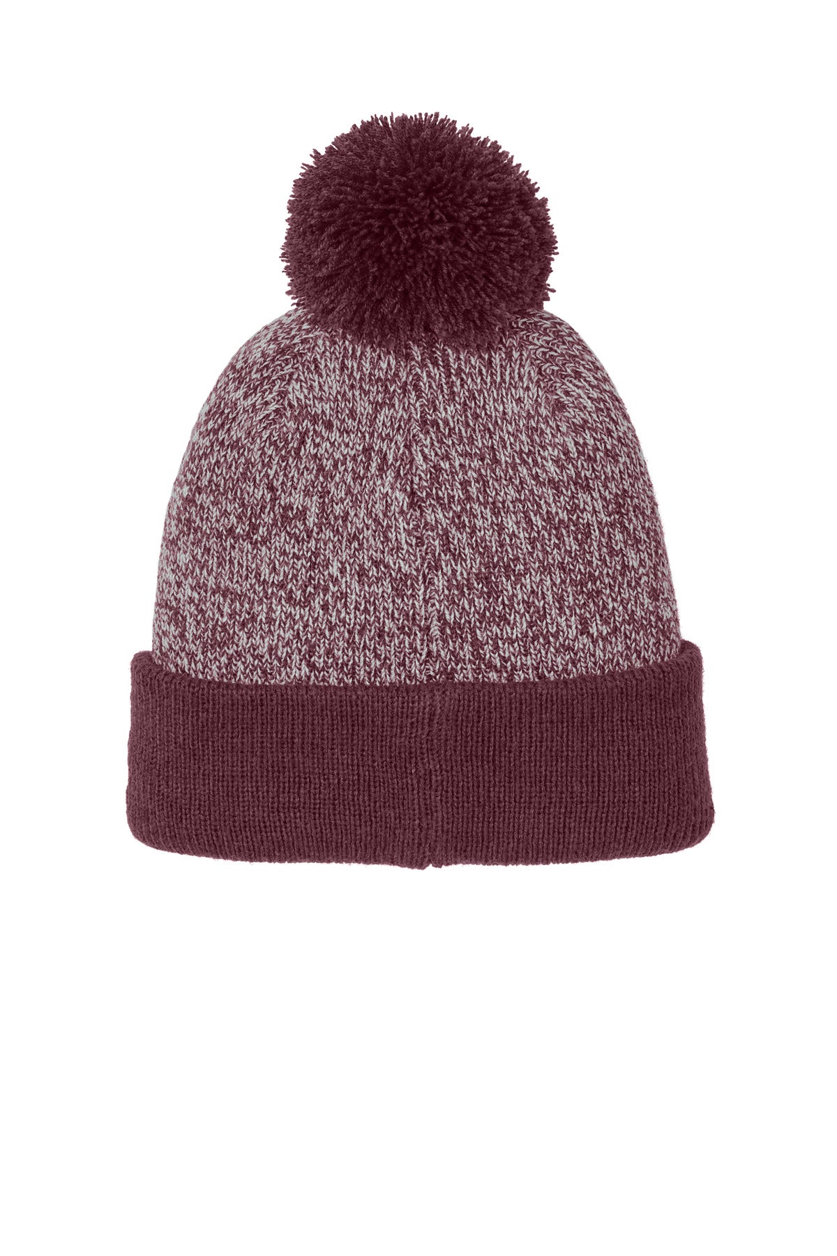 Sport-Tek Halftime Heather Pom Beanie - Maroon/ Silver - flat back