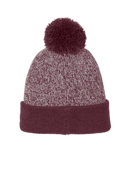Sport-Tek Halftime Heather Pom Beanie - Maroon/ Silver - flat back