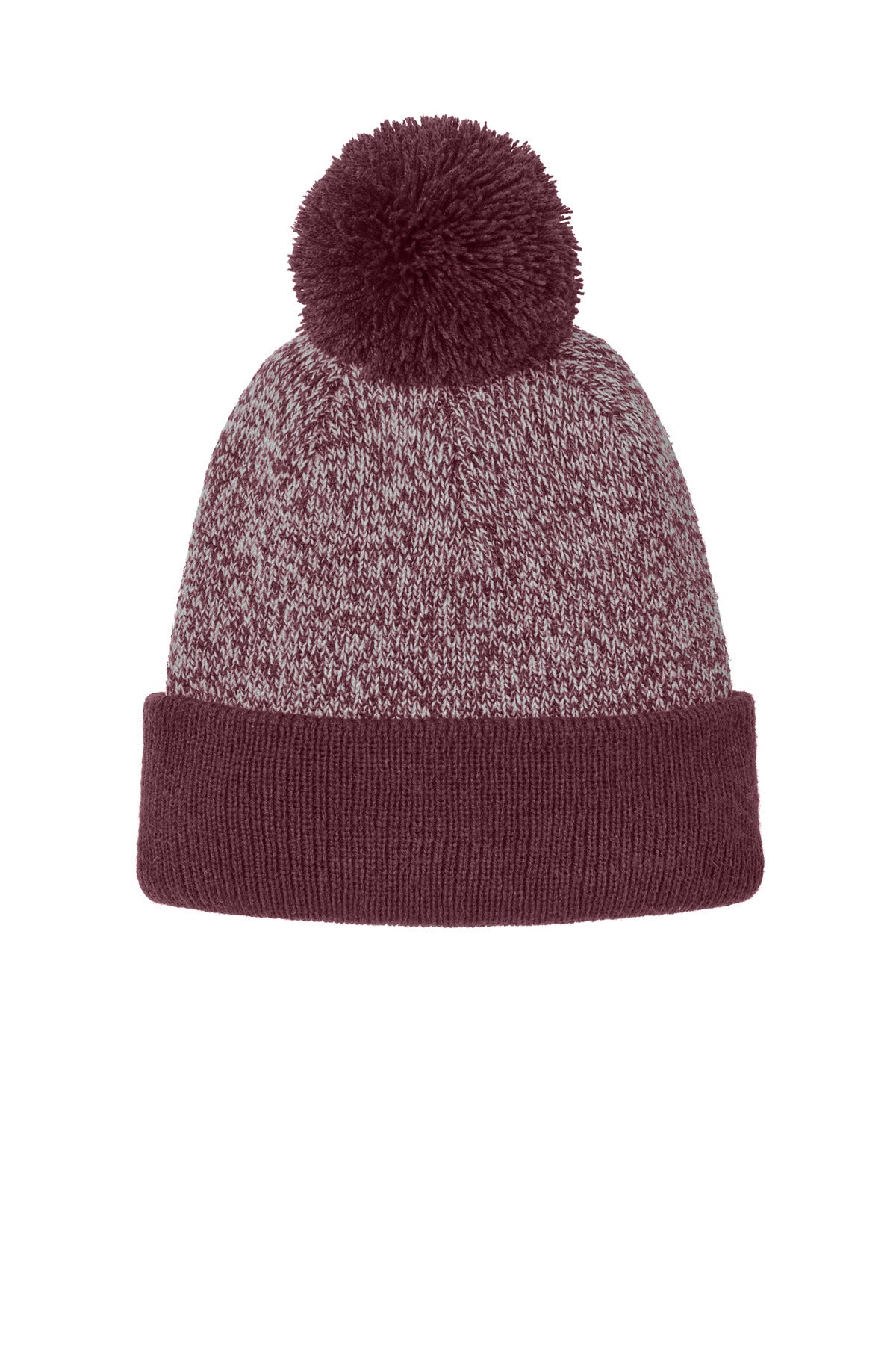 Sport-Tek Halftime Heather Pom Beanie - Maroon/ Silver - front