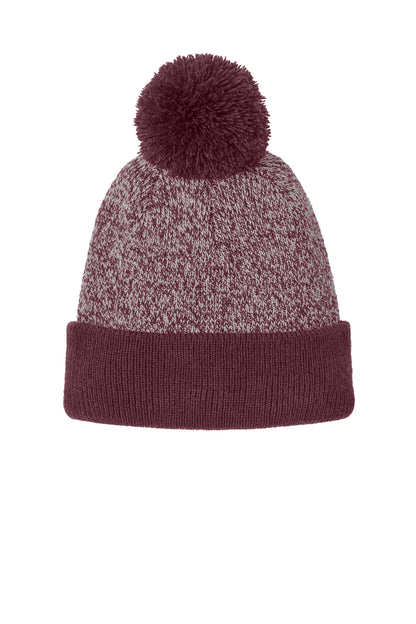 Sport-Tek Halftime Heather Pom Beanie - Maroon/ Silver - front