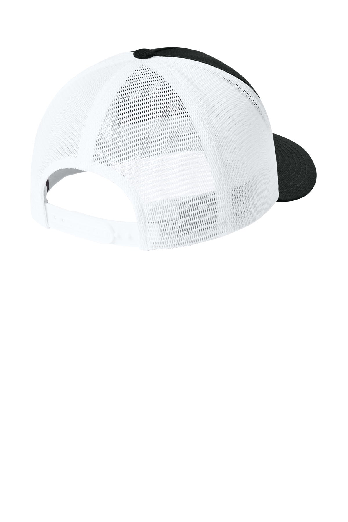 Sport-Tek Stretch-Tek 5-Panel Trucker Cap - Black/ White - flat back