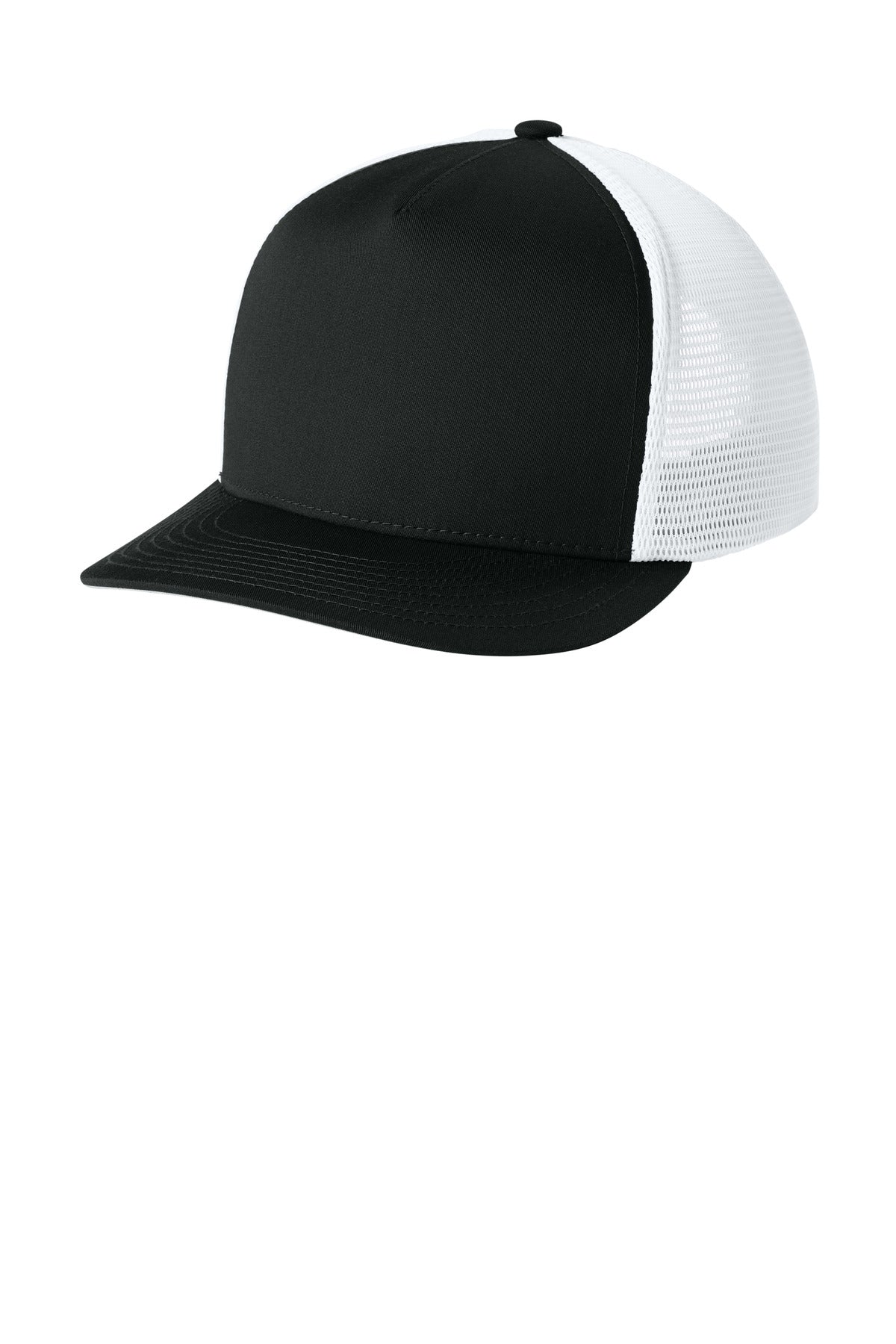 Sport-Tek Stretch-Tek 5-Panel Trucker Cap - Black/ White - front