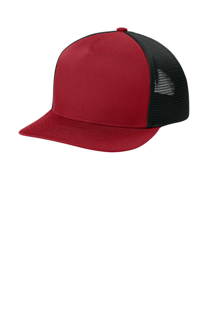 Sport-Tek Stretch-Tek 5-Panel Trucker Cap - Deep Red/ Black - front
