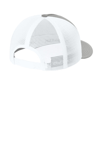 Sport-Tek Stretch-Tek 5-Panel Trucker Cap - Heather Grey/ White - flat back