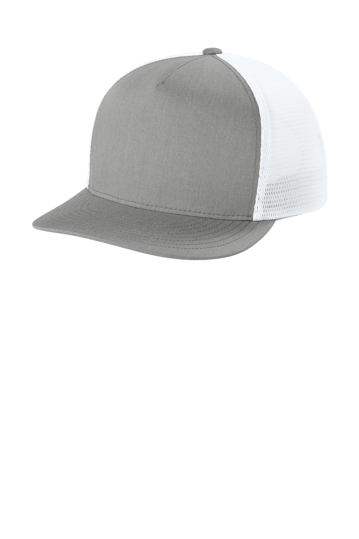Sport-Tek Stretch-Tek 5-Panel Trucker Cap - Heather Grey/ White - front