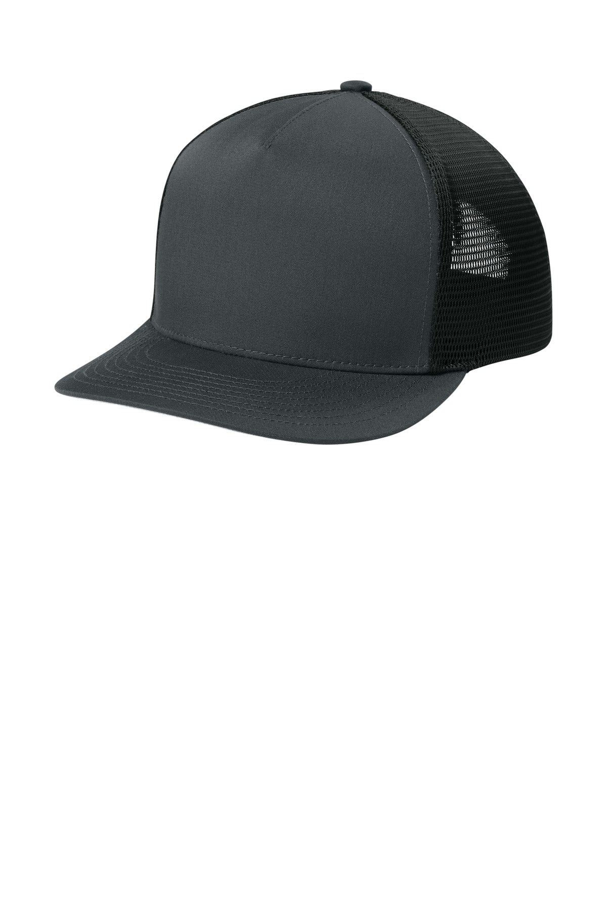 Sport-Tek Stretch-Tek 5-Panel Trucker Cap - Iron Grey/ Black - front