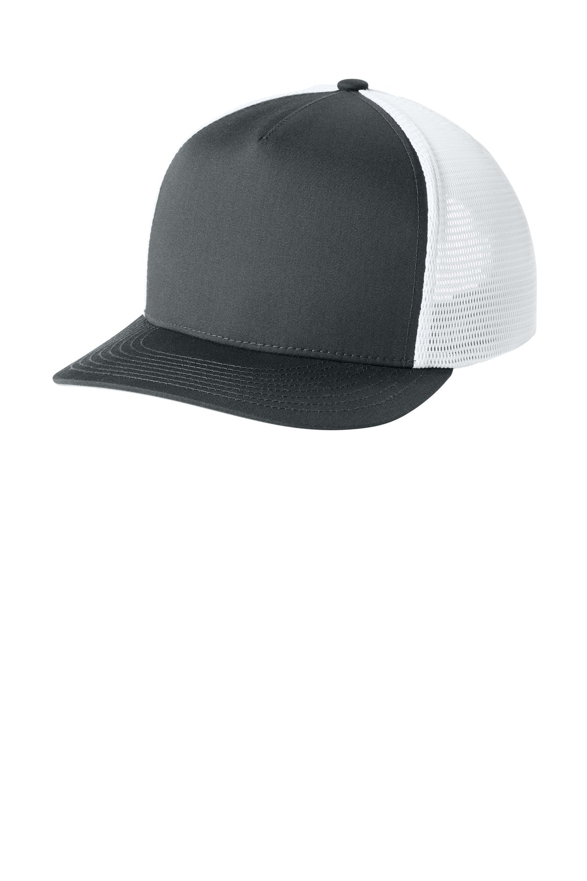 Sport-Tek Stretch-Tek 5-Panel Trucker Cap - Iron Grey/ White - front