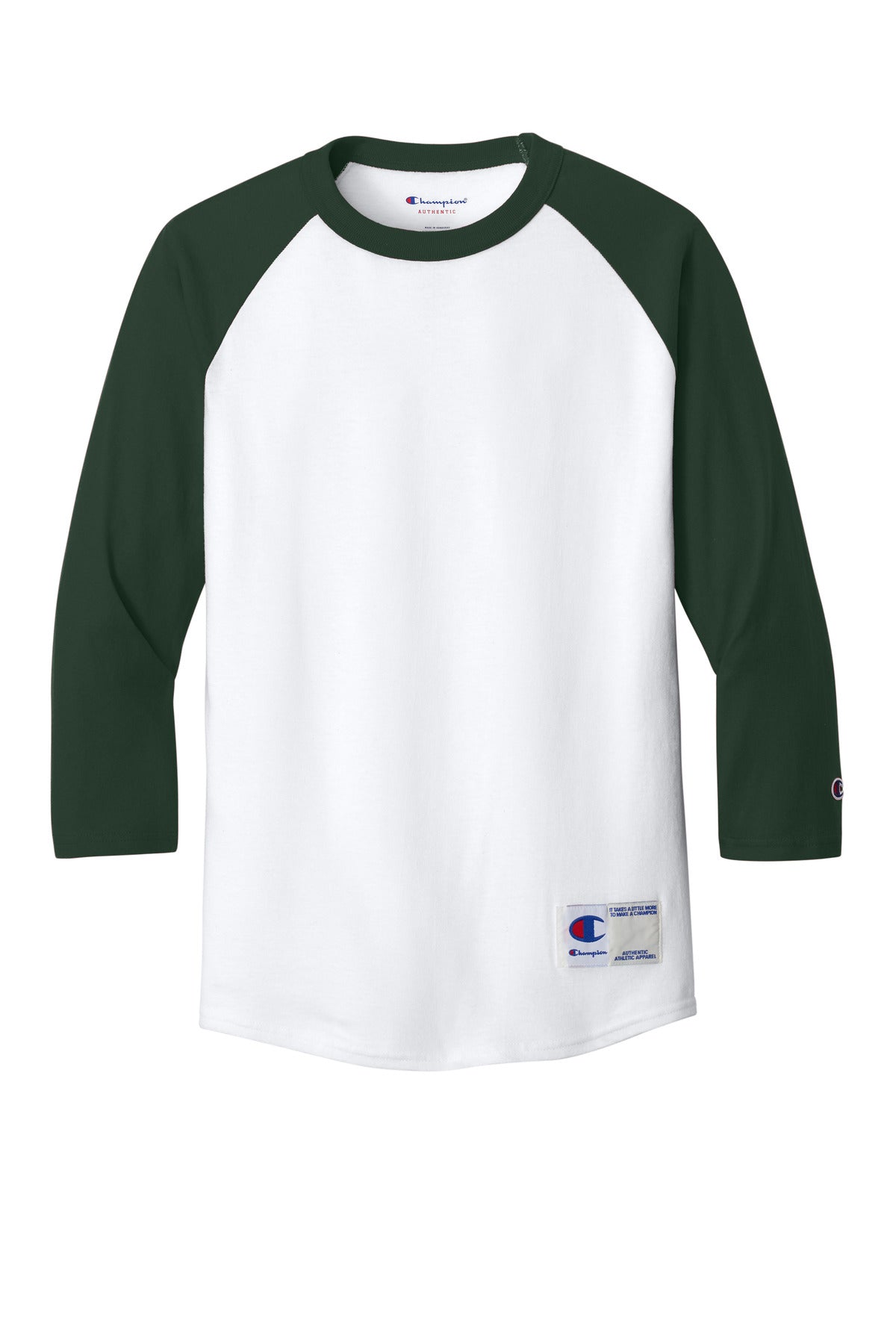 Champion Raglan Baseball Tee - White/ Dark Green - flat front