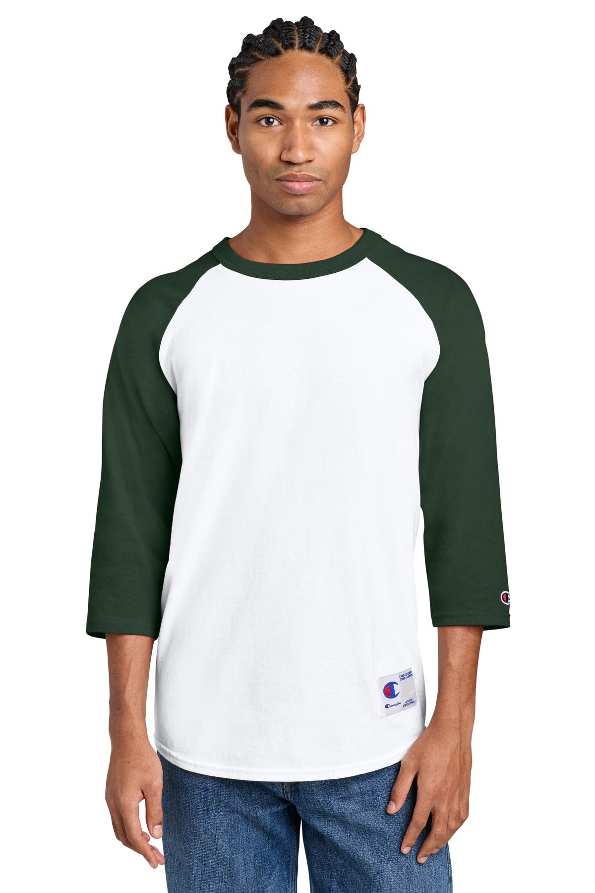 Champion Raglan Baseball Tee - White/ Dark Green - front