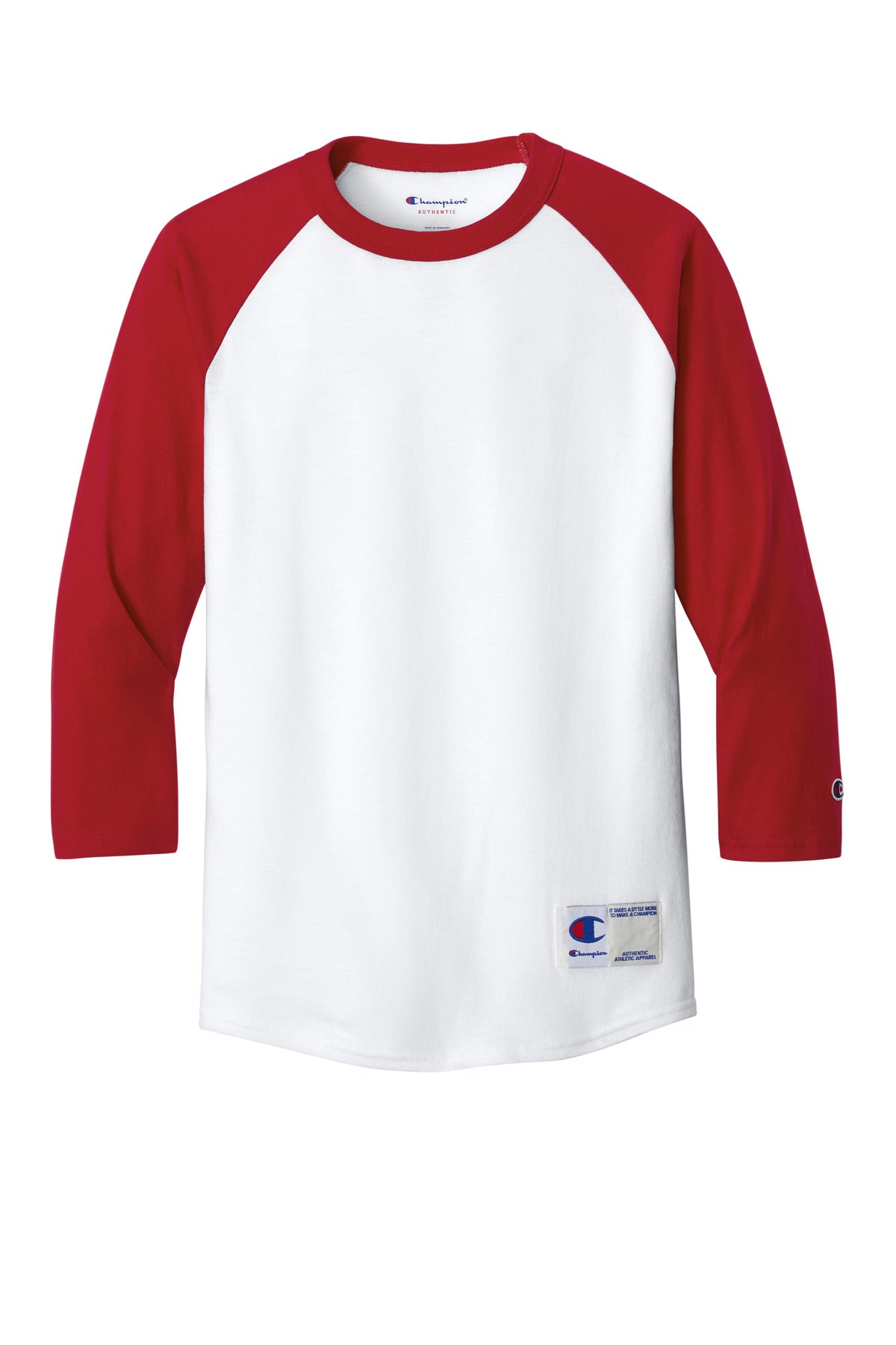 Champion Raglan Baseball Tee - White/ Scarlet - flat front