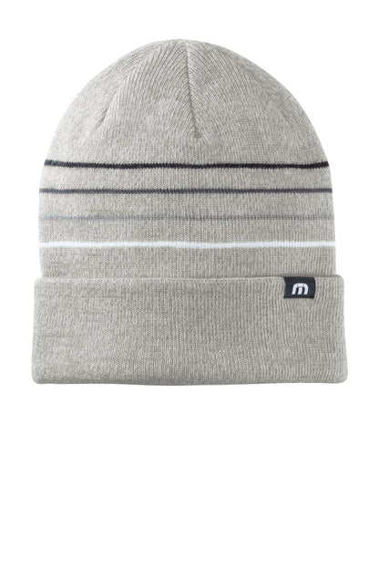 TravisMathew Striped Cuffed Beanie - Light Grey Heather - front