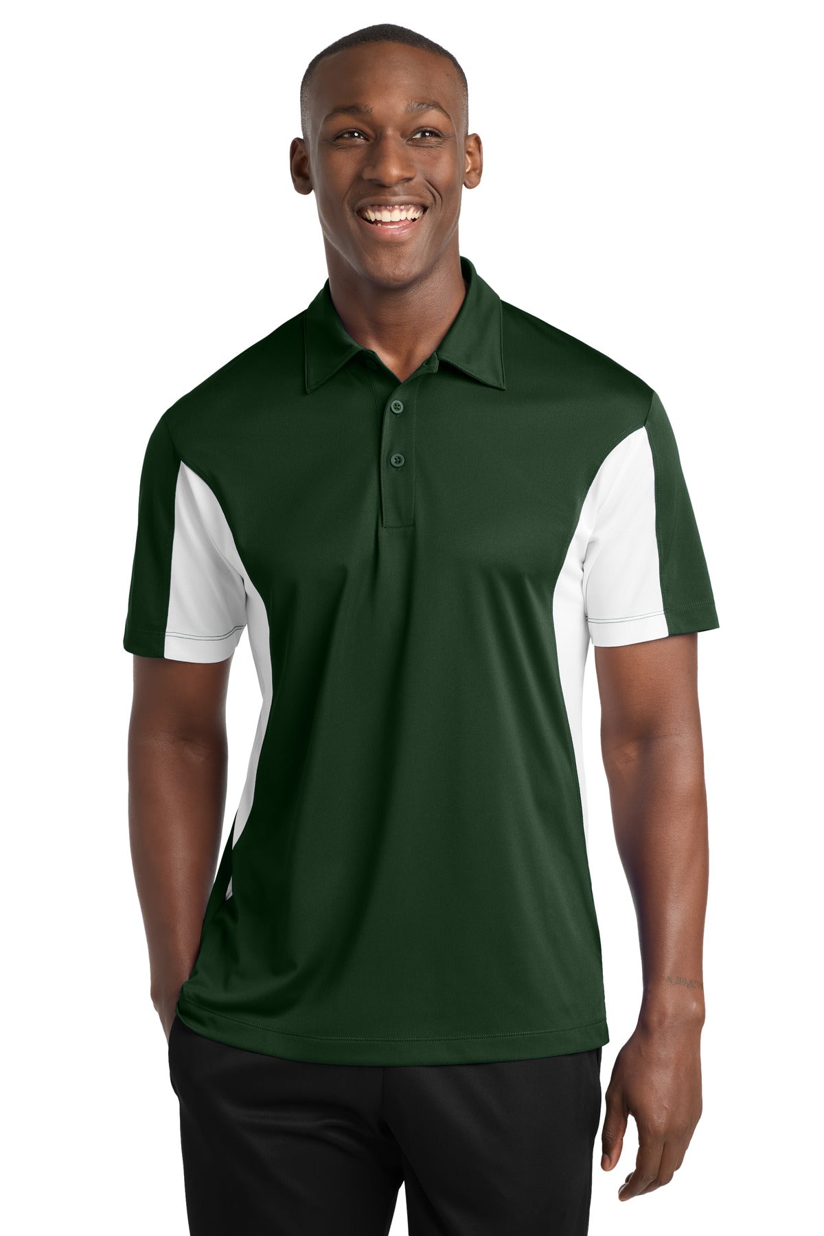 Sport-Tek Tall Side Blocked Micropique Sport-Wick Polo - Forest Green/ White - front