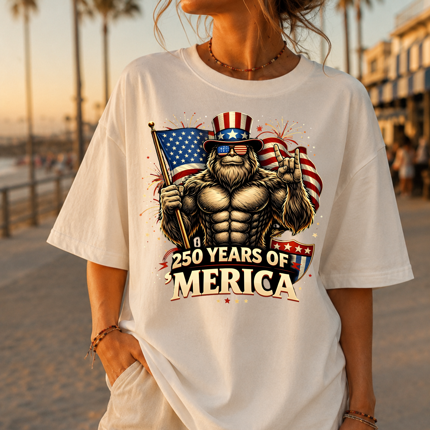 250 Years of ’Merica Bigfoot Shirt | Patriotic Sasquatch 4th of July Graphic Tee | America 250 Family Celebration T-Shirt