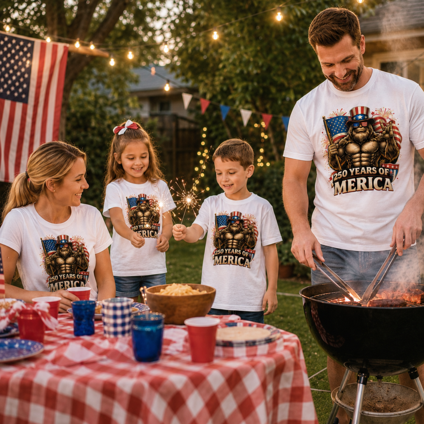 250 Years of ’Merica Bigfoot Shirt | Patriotic Sasquatch 4th of July Graphic Tee | America 250 Family Celebration T-Shirt