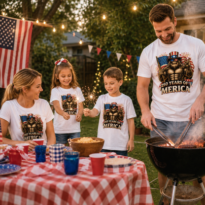 250 Years of ’Merica Bigfoot Shirt | Patriotic Sasquatch 4th of July Graphic Tee | America 250 Family Celebration T-Shirt