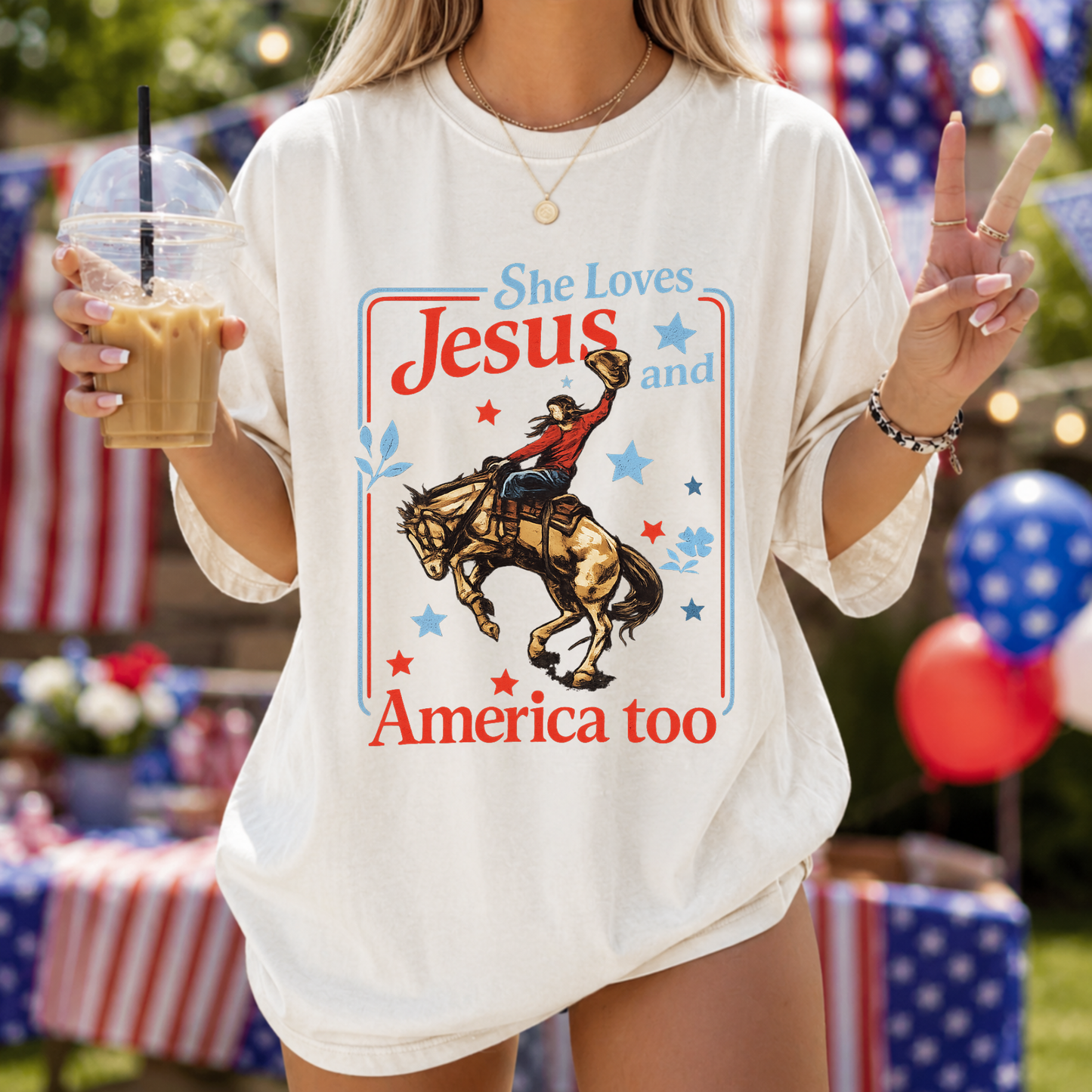She Loves Jesus and America Too Patriotic Western Graphic Tee | Christian 4th of July Shirt