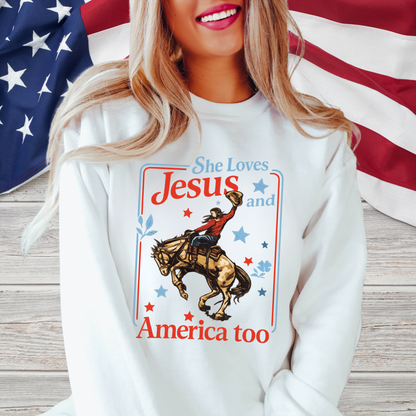 She Loves Jesus and America Too Patriotic Western Graphic Tee | Christian 4th of July Shirt