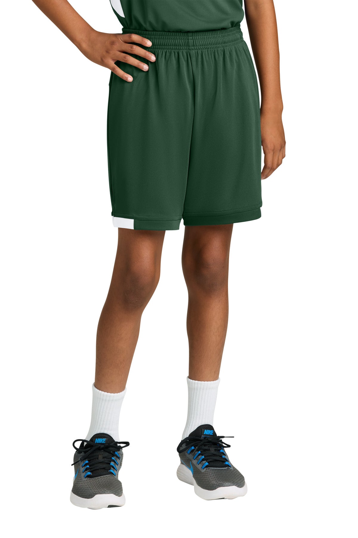 Sport-Tek Youth Club 5 Short - Forest Green/ White - front