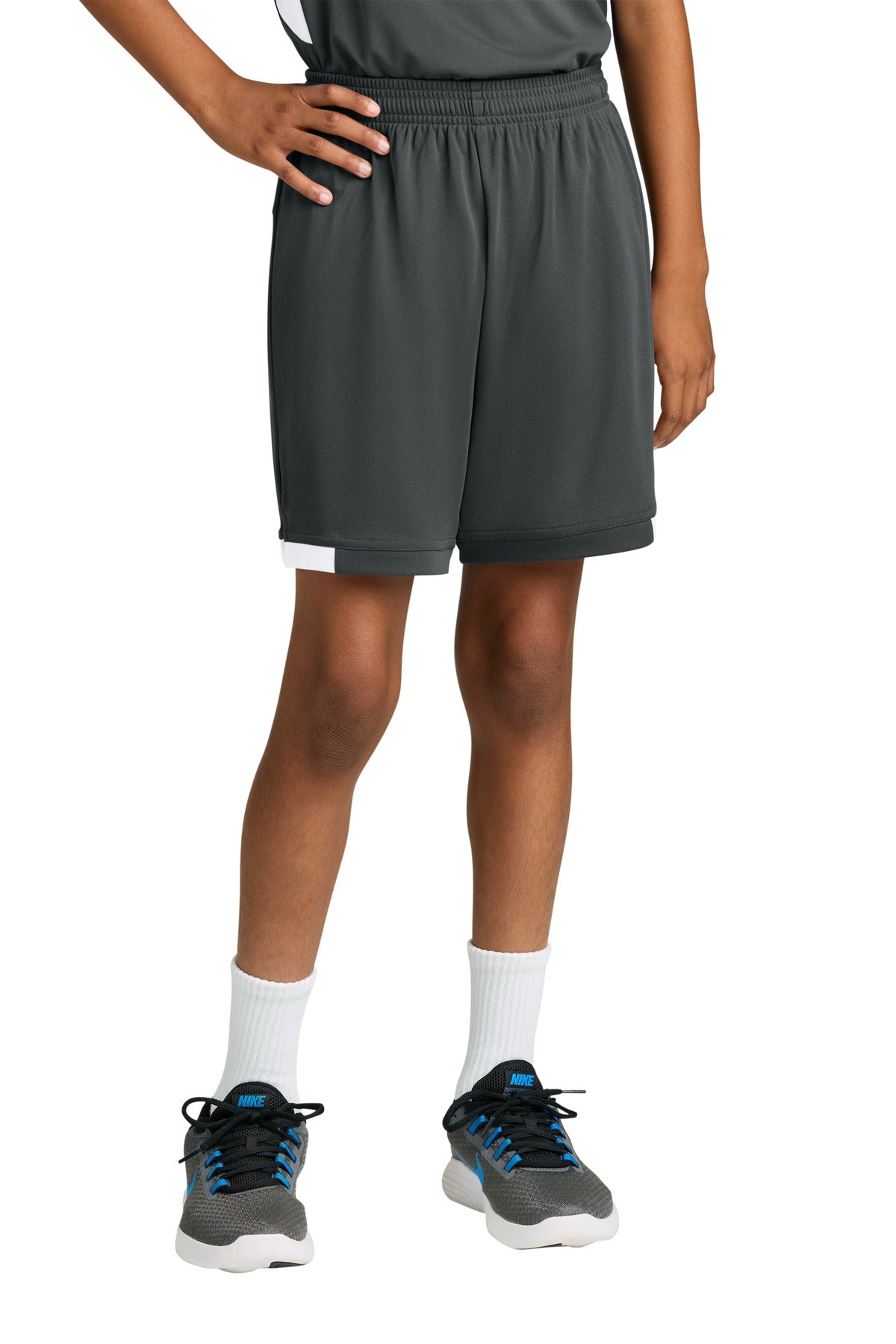 Sport-Tek Youth Club 5 Short - Iron Grey/ White - front